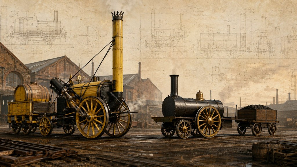Editorial illustration comparing Stephenson’s Rocket with the later Planet locomotive in an early railway works.