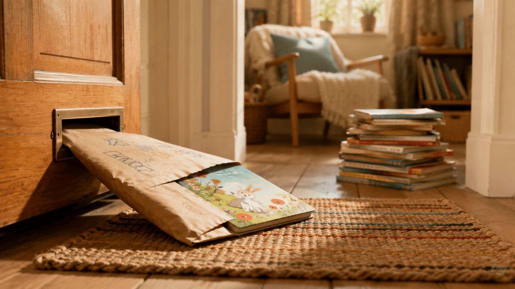 Children's book arriving through a letterbox beside a stack of picture books
