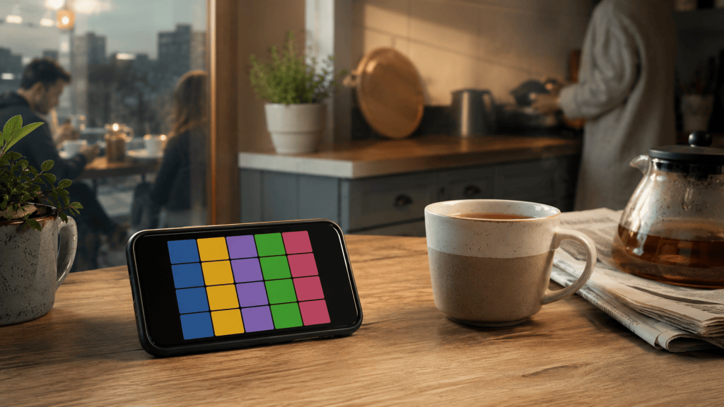 A phone displaying a blank coloured tile puzzle beside tea and a newspaper on a morning table.