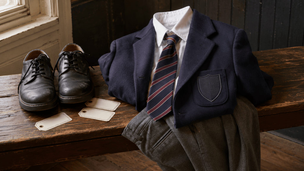 British school blazer, tie, grey trousers and shoes arranged on a wooden bench