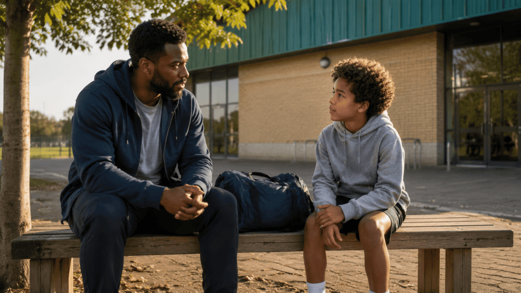 A parent and child discussing whether to continue a sports activity outside a community hall.