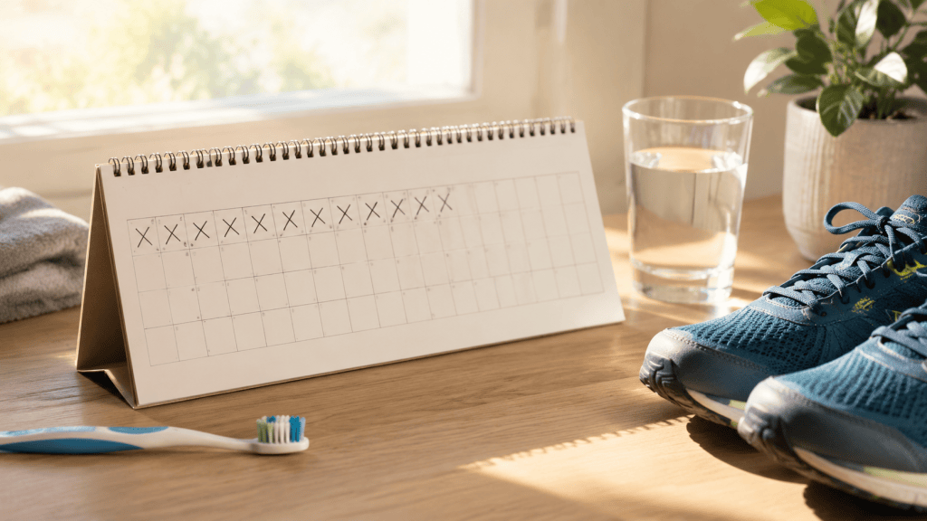 A long habit calendar marked beyond 21 days beside running shoes, water and a toothbrush.