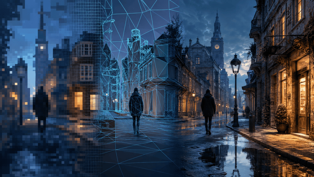 City street progressing from pixels and wireframe geometry to a fully rendered game scene