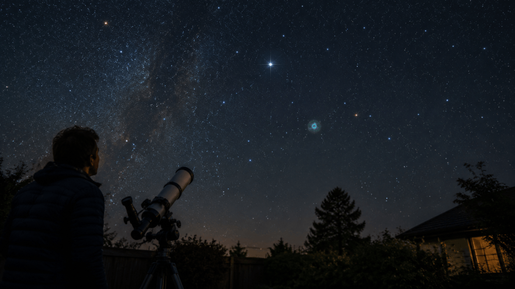 An observer using a backyard telescope beneath a star field containing a faint blue-green nebula.