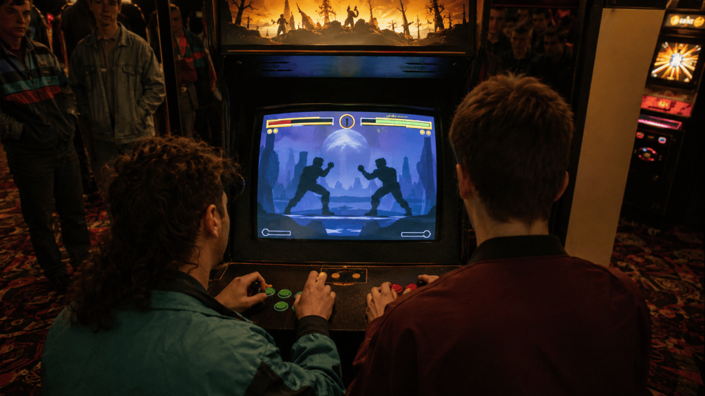 Two players competing at a fighting-game arcade cabinet in the early 1990s