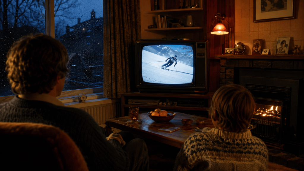 Family watching downhill skiing on television in a late-1970s British living room