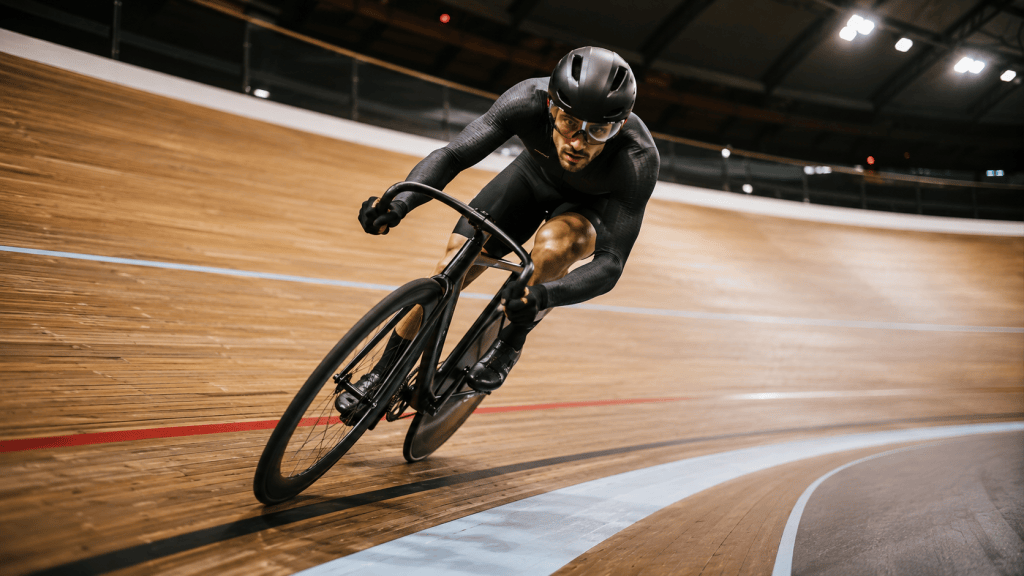 Track cyclist leaning through the steep banking of a wooden velodrome