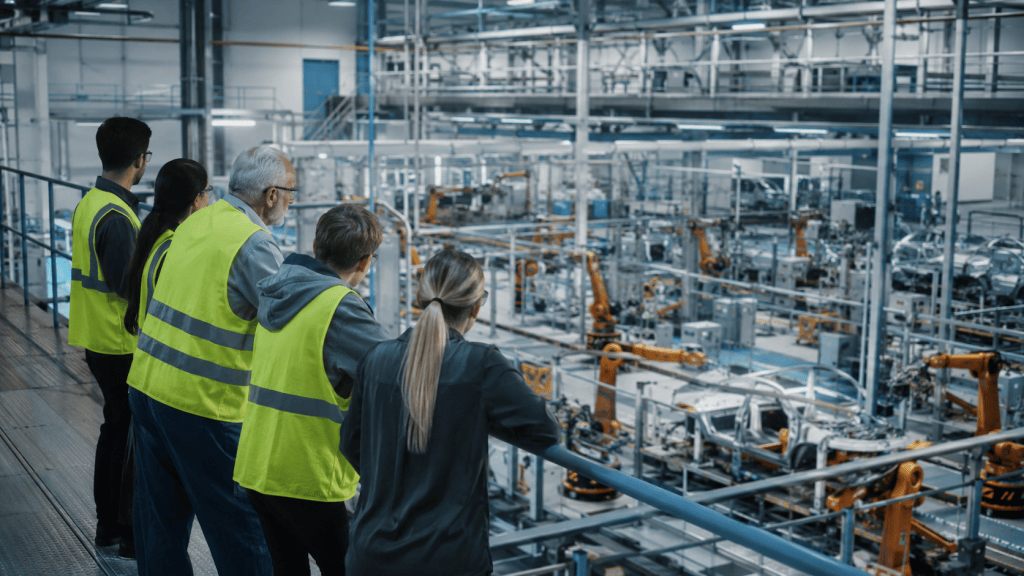 Visitors in high-visibility clothing looking over a modern automated factory production line.