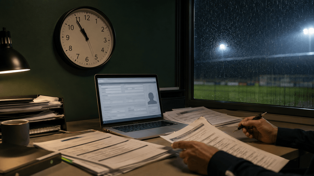 Football transfer paperwork beside a laptop and a clock approaching eleven at night