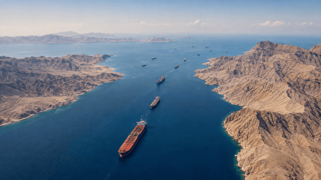 Tankers travelling through a narrow blue strait between arid mountainous coasts.