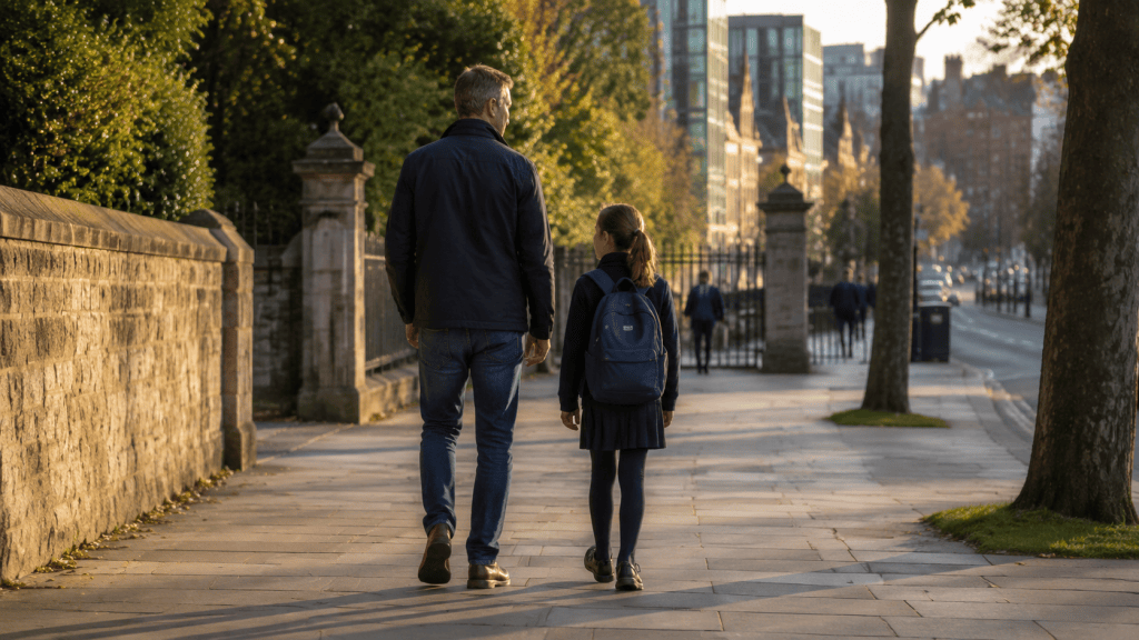 Father and daughter walking together towards a school and city buildings