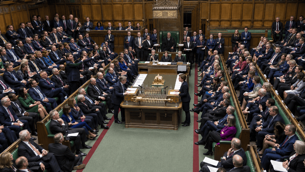 The House of Commons chamber during a lively Prime Minister’s Questions session.