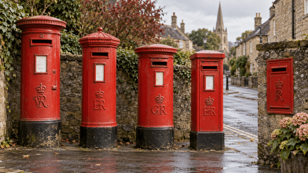 British postboxes from several reigns stand along a street, showing different shapes and royal cyphers.