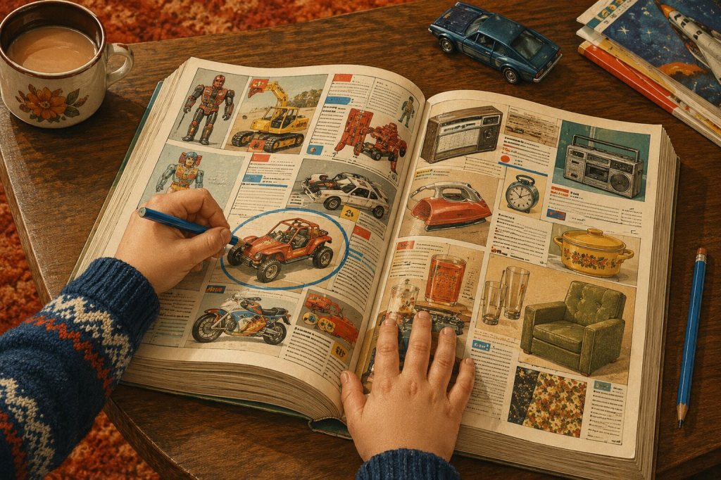 A child circles a toy in a thick 1980s-style mail-order catalogue beside a small blue pencil.