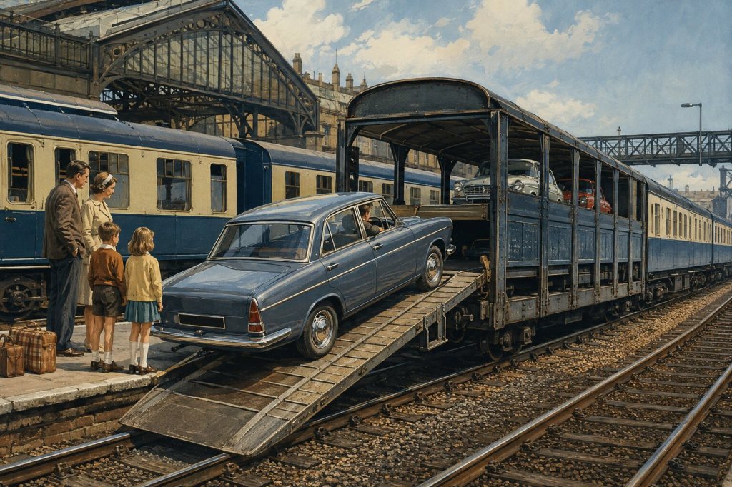 A late-1960s British Motorail train as a family car is loaded onto a railway vehicle transporter.