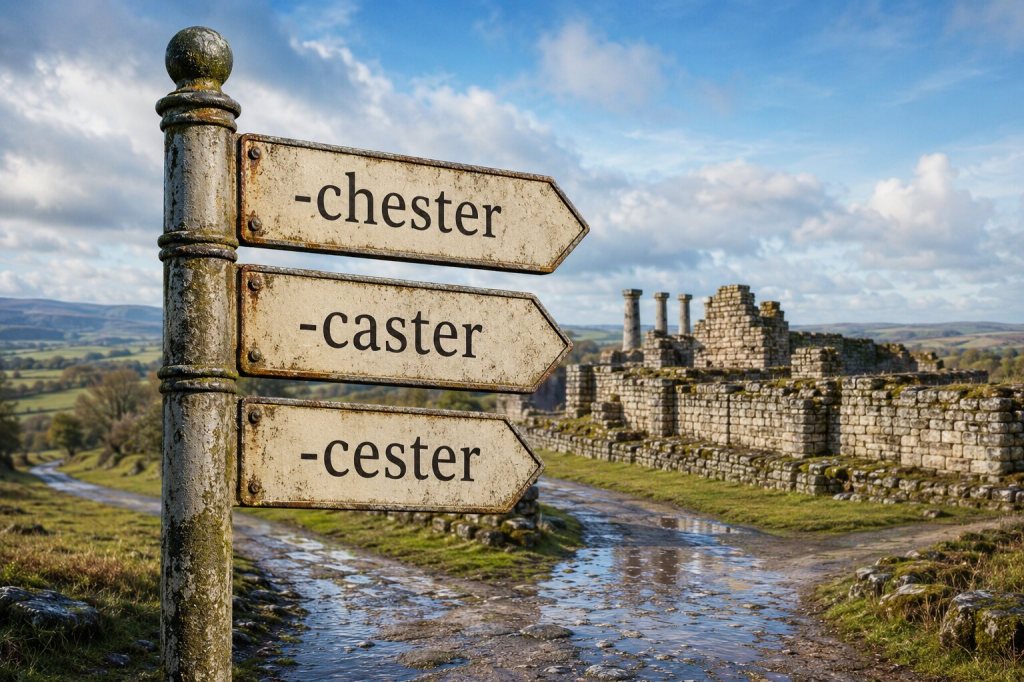 A weathered signpost pointing to -chester, -caster and -cester beside Roman ruins in the English countryside.