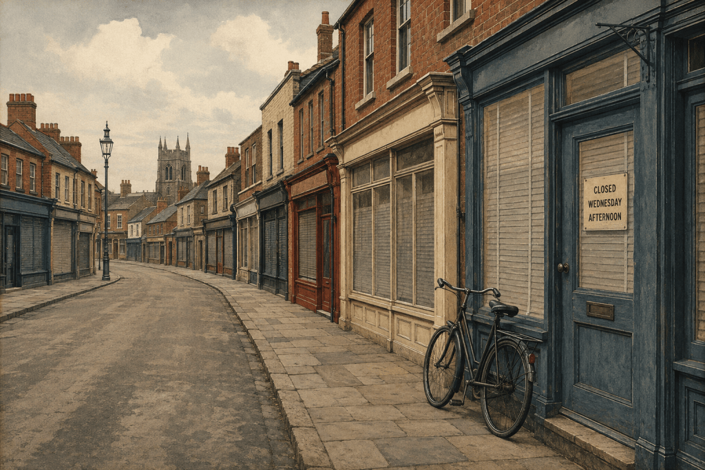 A quiet mid-century British high street with shop blinds closed and a sign reading Closed Wednesday Afternoon.